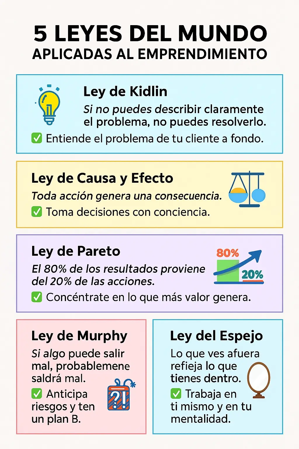 Emprender no se trata solo de tener una buena idea, sino de entender cómo funciona el mundo y cómo esas leyes impactan en tu negocio. Aquí te dejo 5 que pueden marcar la diferencia: 1️⃣ Ley de Kidlin: Si no entiendes el problema, no lo resuelves. Escucha y entiende a tu cliente a fondo. 2️⃣ Ley de Causa y Efecto: Toda acción genera una consecuencia. Decide con conciencia. 3️⃣ Ley de Pareto: El 80% de resultados viene del 20% de acciones. Enfócate en lo que realmente importa. 4️⃣ Ley de Murphy: Si algo puede salir mal, saldrá mal. Anticipa riesgos y ten siempre un plan B. 5️⃣ Ley del Espejo: Tu negocio refleja tu mentalidad. Trabaja en ti mismo para crecer en lo profesional. Conocer estas leyes es un primer paso. Aplicarlas estratégicamente es lo que hará que tu negocio sea sólido, rentable y sostenible. #emprendimiento #vida