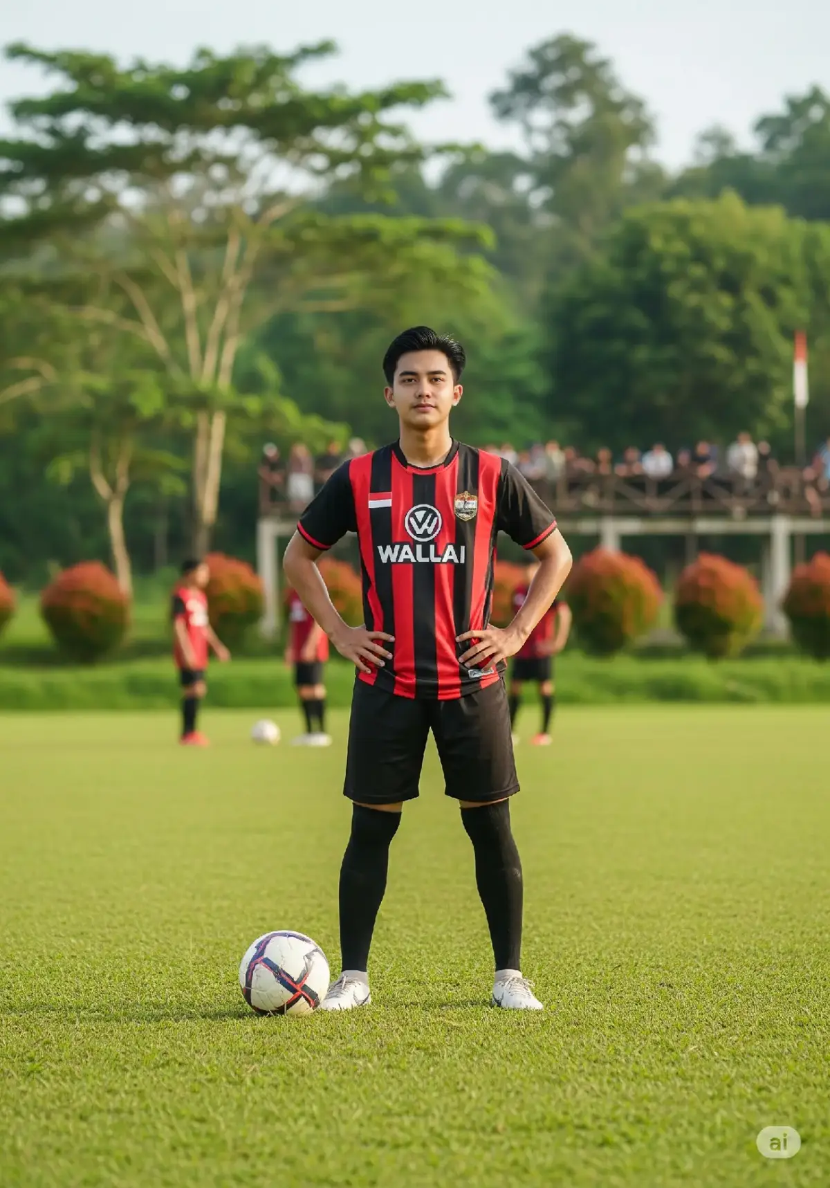 prompt: Create a portrait of a handsome young man of Indonesian descent with neat black hair, a soccer player standing in the middle of a green grass field, stepping on a ball with his hands on his hips, showing a confident and calm expression. He is wearing a black soccer jersey with a blue motif bearing the WALLAI sponsor logo, along with long socks and white soccer shoes. The background is filled with natural green trees and bushes, giving a fresh rural impression. In the background are several teammates walking while wearing similar jerseys, and a wooden stand with several spectators. The natural afternoon lighting makes the colors of the jerseys and the texture of the grass clearly visible, with the main focus on the players in the foreground while the background is slightly blurred. The atmosphere of the photo is like documenting a village soccer match, outdoor sports portrait style, full-body framing, high resolution, natural details, bright but soft color tones. 3:4 resolution #aistudio #aiphotography #aiphoto #editphoto #ai #geminiai #gemini #googlegemini #prompterchallenge #chatgpt #fypage 