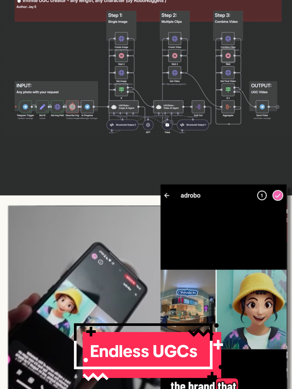 One of the wildest AI video automations I've done: * send a photo of your brand + your character * get a UGC video for ANY length, and with Character Consistency built in All videos made with n8n + Veo3  🍳 Like, bookmark, and comment 