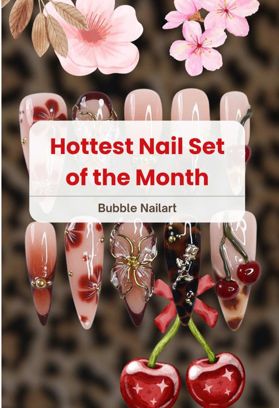 Cherry Leopard Frenchtip Nailart 🍒🌸✨✨ #fakenails #bubblenailart #gelnail #frenchtipnails #brownnails 