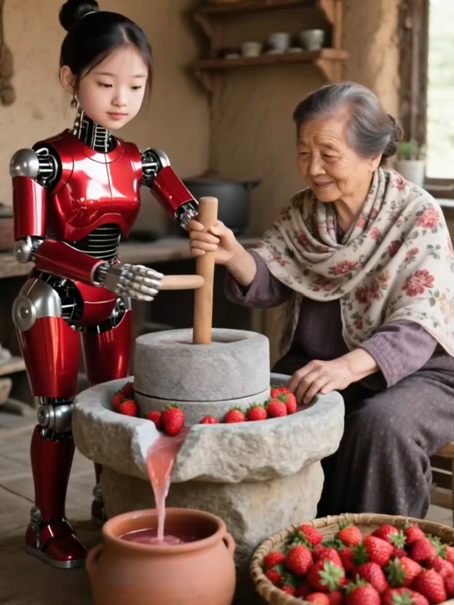 Robot Girl Making Strawberry Juice with Old Woman | Village Kitchen Tradition ASMR 🍓🤖🏡 (118) #ai #aigenerated #village #trendiing #robotgirl #humaniodrobot #korean #robot #cutegirl #villagekitchen #asmr