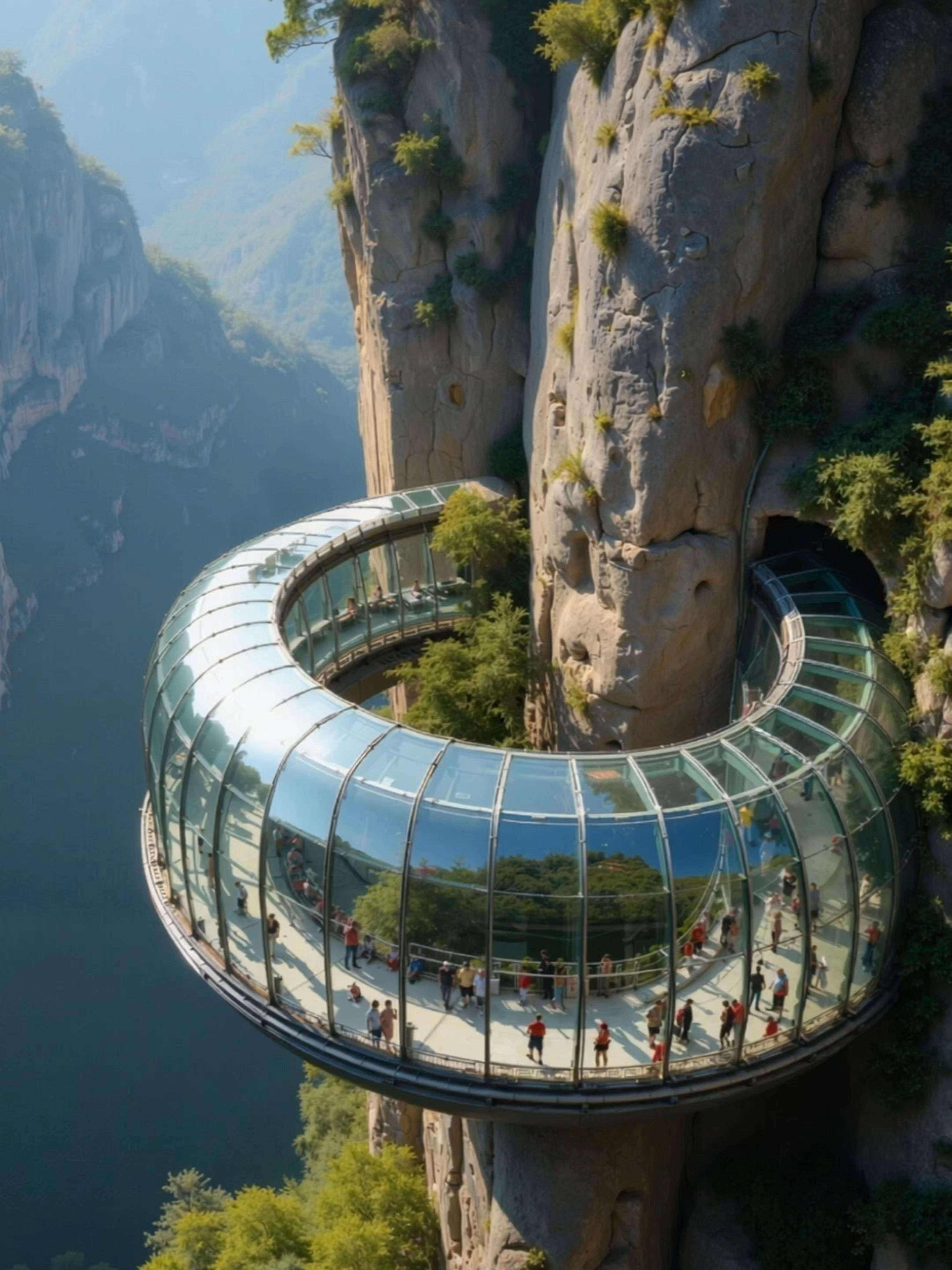 恐怖瞬间！山顶岩石坠落砸碎观景台，人群四散奔逃 #惊险瞬间 #玻璃观景台 #山体意外