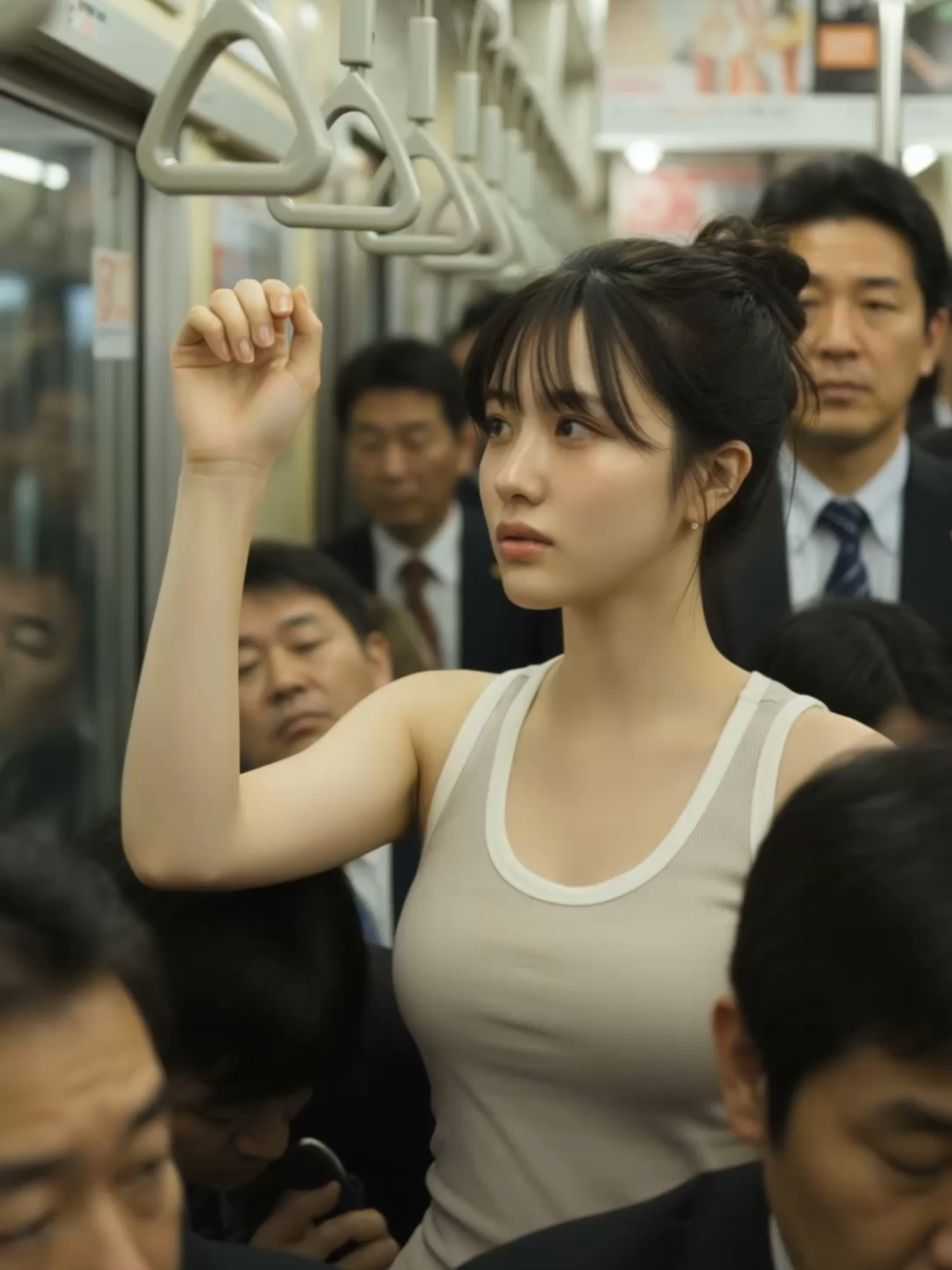満員電車 タンクトップを整える美女 #rushhourjapan #ai美女