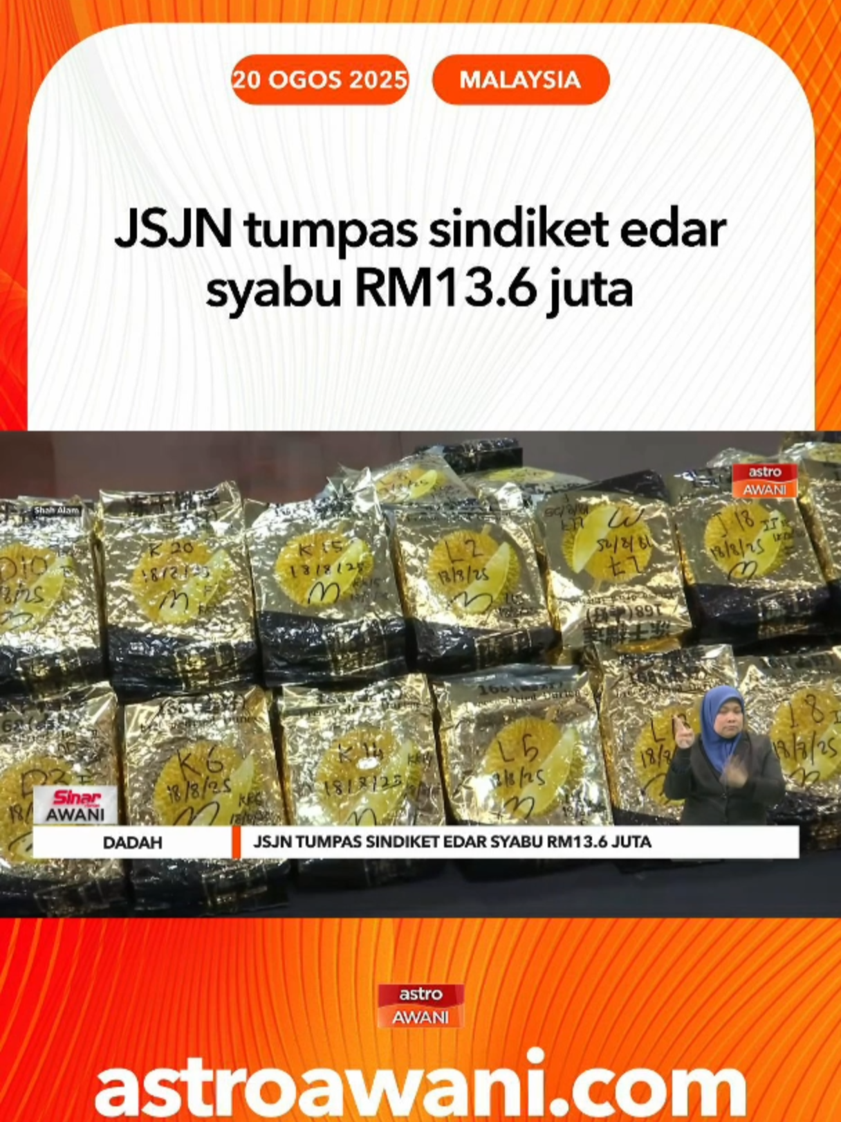 Jabatan Siasatan Jenayah Narkotik (JSJN) Bukit Aman menumpaskan sindiket pengedaran dadah dalam operasi khas sekitar Lembah Klang, dengan rampasan 425.25 kilogram syabu bernilai RM13.6 juta. Lima lelaki tempatan berusia 33 hingga 64 tahun ditahan dalam empat serbuan berasingan sekitar Puchong dan Sri Petaling. #AWANInews