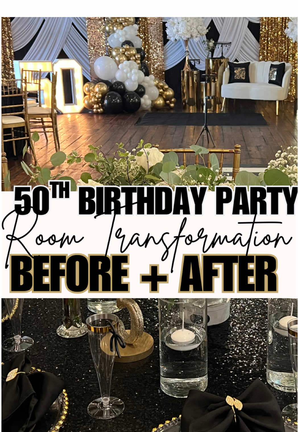 From rustic to regal. I originally designed this venue years ago for a rustic wedding, but for this milestone 50th birthday, I wanted to bring in draping, black, white, and gold details to create a glamorous new look. A perfect example of how you can transform a space and celebrate in style while living luxuriously for less. #50thBirthday #BirthdayInspiration #EventDesign #EventStylist #LuxuryEvents       