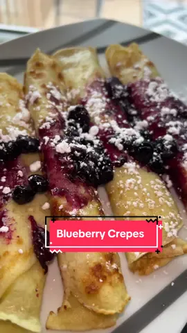 Day 17/30 No new groceries. Budget $300/month for a family of 4.                           #budgettok #budgetmeals #cheapmeals.                       Crepe Recipe: 3 Tbsp melted butter, 1 c flour, 1 Tbsp sugar, 1 tsp salt, 3/4c milk, 1/2c water, 2 eggs. Whisk together. Pour a thin layer in a buttered pan. Shorter cooking will be chewier while longer time allows a browning and crispness! Flip in pan! Topping was 1c frozen blueberries and 1 tbsp maple syrup- simmered to desired thickness. Topped with powdered sugar. 