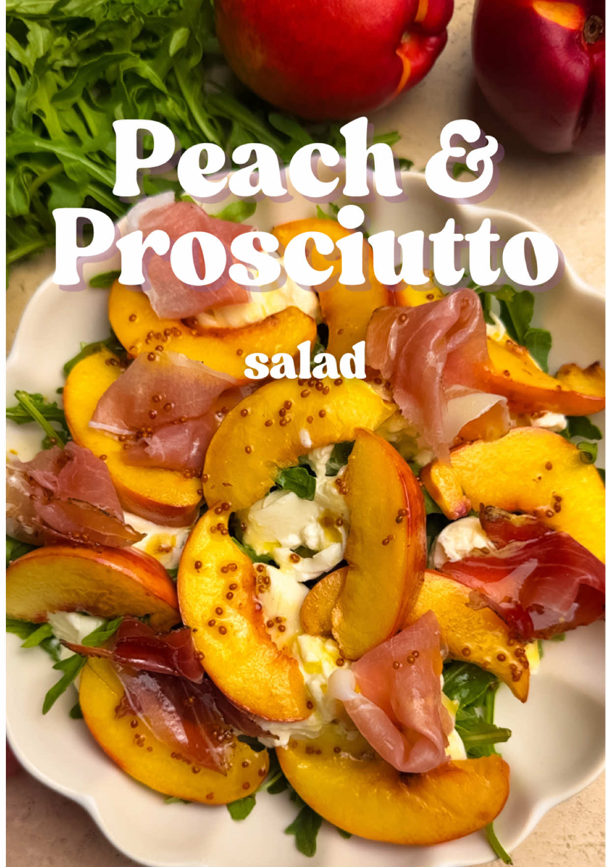 Peach and Burrata salad. Full recipe is on Katerynascafe.com #burratasaladrecipe #burratarecipe #howtouseburrata #burrata #creatorsearchinsights 