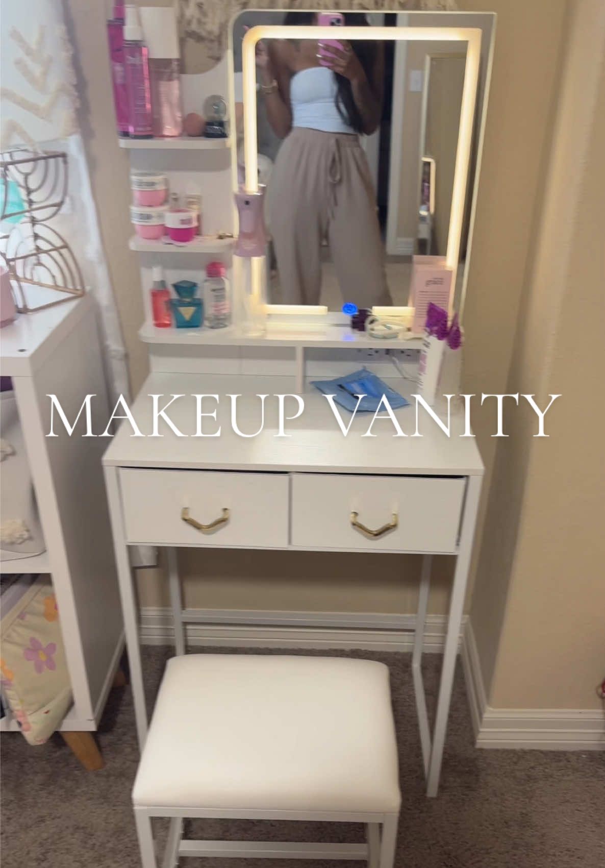 This light-up vanity desk is perfect for makeup, skincare, and storage—plus it comes with the mirror and chair for under $90! ✨  #makeupvanity #vanitymirror #vanitysetup #vanitymakeup 