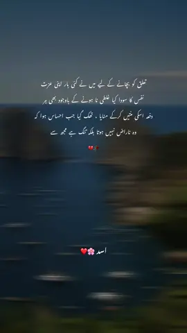 تعلق کو بچانے کے لیے میں نے کئی بار اپنی عزت نفس کا سودا کیا غلطی نا ہونے کے باوجود بھی ہر دفعہ اسکی منتیں کرکے منایا ، تھک گیا جب احساس ہوا کہ وہ ناراض نہیں ہوتا بلکہ تنگ ہے مجھ سے