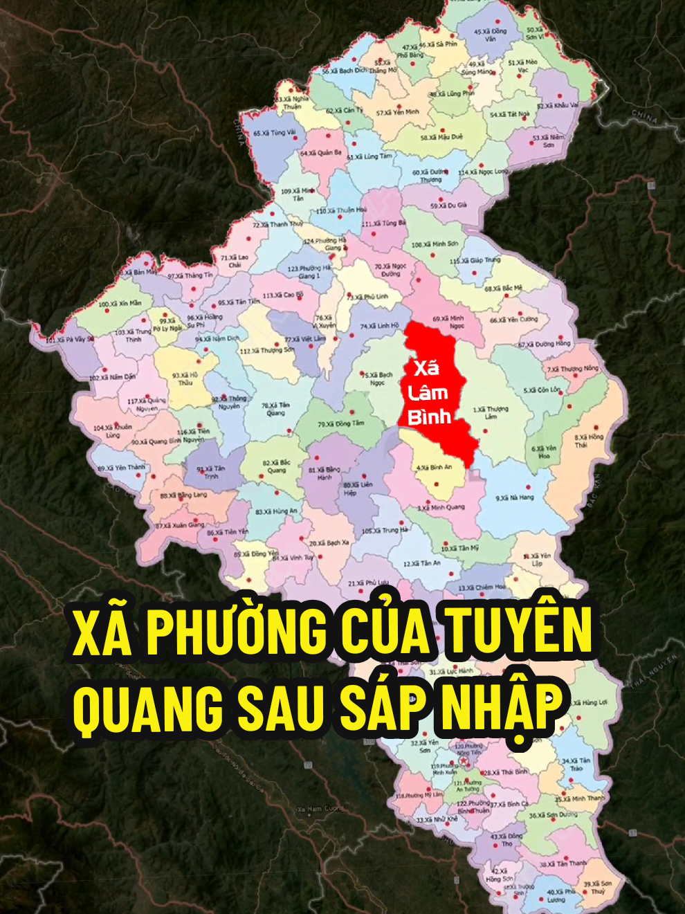 Tỉnh Tuyên Quang sau sáp nhập được chia làm 124 đơn vị hành chính cấp xã, gồm 117 xã và 7 phường. Về phía tỉnh Tuyên Quang cũ chia làm 46 xã và 5 phường. Trong đó, Huyện Lâm Bình chia làm 4 xã, huyện Nà Hang chia làm 5 xã, huyện Chiêm Hóa chia làm 10 xã, huyện Hàm Yên chia làm 8 xã, huyện Yên Sơn chia làm 9 xã, Thành phố Tuyên Quang chia làm 5 phường, huyện Sơn Dương chia làm 10 xã. Về phía tỉnh Hà Giang cũ chia làm 2 phường và 71 xã. Trong đó, huyện Bắc Quang chia làm 8 xã, huyện Quang Bình chia làm 7 xã, huyện Xín Mần chia làm 6 xã, huyện Hoàng Su Phì chia làm 8 xã, huyện Vị Xuyên chia làm 12 xã, Thành phố Hà Giang chia làm 2 phường, 1 xã; huyện Bắc Mê chia làm 6 xã, huyện Quản Bạ chia làm 5 xã, huyện Yên Minh chia làm 7 xã, huyện Đồng Văn chia làm 5 xã, huyện Mèo Vạc chia làm 6 xã. Trong đó, Lâm Bình là xã rộng nhất Tuyên Quang. Bạn đang ở xã phường nào của Tuyên Quang? Hãy để lại bình luận của bạn cho mình nhé! #XãPhườngTuyênQuang 