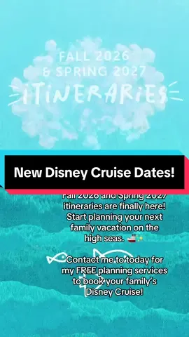 Fall 2026 and Spring 2027 itineraries are finally here! Start planning your next family vacation on the high seas. 🚢✨ Contact me to today for my FREE planning services to book your family’s Disney Cruise! #creatorsearchinsights #disney #travelplanner #vacation #disneycruiseline 