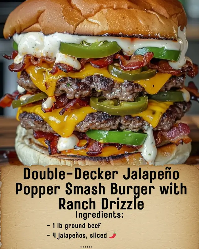 🛒 Ingredients - 1 lb ground beef   - 4 jalapeños, sliced 🌶️   - 8 slices bacon 🥓   - 4 slices cheddar cheese 🧀   - 4 hamburger buns 🍔   - 1/2 cup cream cheese   - 1/4 cup ranch dressing   - Salt & pepper to taste 🧂   👩‍🍳 Directions 1️⃣ Preheat griddle or skillet over medium-high heat.   2️⃣ Divide beef into 8 portions, form thin patties. Season with salt & pepper.   3️⃣ Place cheddar on 4 patties, top with remaining 4 patties → 4 double-decker burgers.   4️⃣ Cook 3–4 min per side to desired doneness.   5️⃣ Cook bacon separately until crispy; set aside.   6️⃣ Sauté jalapeño slices until softened & slightly charred.   7️⃣ Mix cream cheese & ranch dressing in a small bowl → ranch drizzle.   8️⃣ Toast buns on griddle.   9️⃣ Assemble: bottom bun → ranch drizzle → double-decker burger → bacon → jalapeños → more ranch drizzle → top bun. Serve hot! 🔥   💡 Who’s ready for this epic burger? 😋 Comment “BURGER” if you’d try it! ❤️   #SmashBurger #JalapenoPopper #CheesyBurger #BaconLovers #SpicyFood 