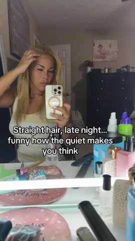 Tired, playing with my hair in the mirror, just switching it up from the curls. Nothing major, just me and my thoughts — and maybe that’s enough to keep you guessing. #LateNightVibes #StraightHairSighting #IfYouKnowYouKnow#fyp 
