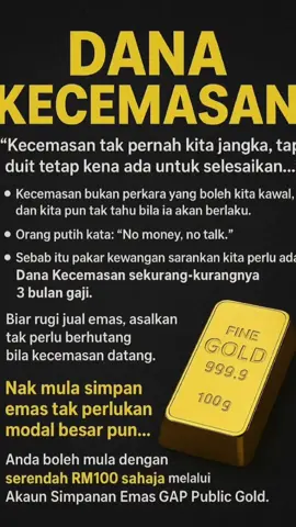 💥 “Kecemasan tak pernah kita jangka, tapi duit tetap kena ada untuk selesaikan…” Kecemasan bukan perkara yang boleh kita kawal, dan kita pun tak tahu bila ia akan berlaku. 👉 Tapi saya yakin, dalam hidup seharian kita pasti akan berdepan dengan situasi kecemasan yang perlukan duit. Orang putih kata: “No money, no talk.” Sebab itu pakar kewangan sarankan kita perlu ada Dana Kecemasan sekurang-kurangnya 3 bulan gaji. 📌 Contoh baru-baru ni, rim kereta saya bengkok & alignment out. 💸 Sekali gus terbang RM2000 sebab terpaksa ganti rim baru. Nak tak nak, saya terpaksa jual emas yang saya sayang 🥶 Biar rugi jual emas, asalkan tak perlu berhutang bila kecemasan datang. ⚡ Bila berlaku kecemasan, keuntungan bukan lagi keutamaan. Yang penting → masalah selesai! Kalau susah nak simpan duit ringgit sebagai Dana Kecemasan, saya sangat sarankan kita simpan emas. 📍 InshaAllah lebih disiplin, lebih berjaya menyimpan. ✨ Nak mula simpan emas tak perlukan modal besar pun… Anda boleh mula dengan serendah RM100 sahaja melalui Akaun Simpanan Emas GAP Public Gold. Nak saya bantu mulakan tabungan emas serendah RM100 melalui akaun emas GAP di Public Gold?Nak mula menabung Emas dengan ilmu? Saya adalah dealer Aktif Public Gold di bawah rangkaian G100, di bawah Mentor Tuan Haji Mohd Zulkifli Shafie  , boleh hubungi saya di sini 👇👇 https://publicgoldofficial.com/app/link/AhziahA/whatsapp Bimbingan saya adalah PERCUMA.. https://publicgoldofficial.com/page/AhziahA