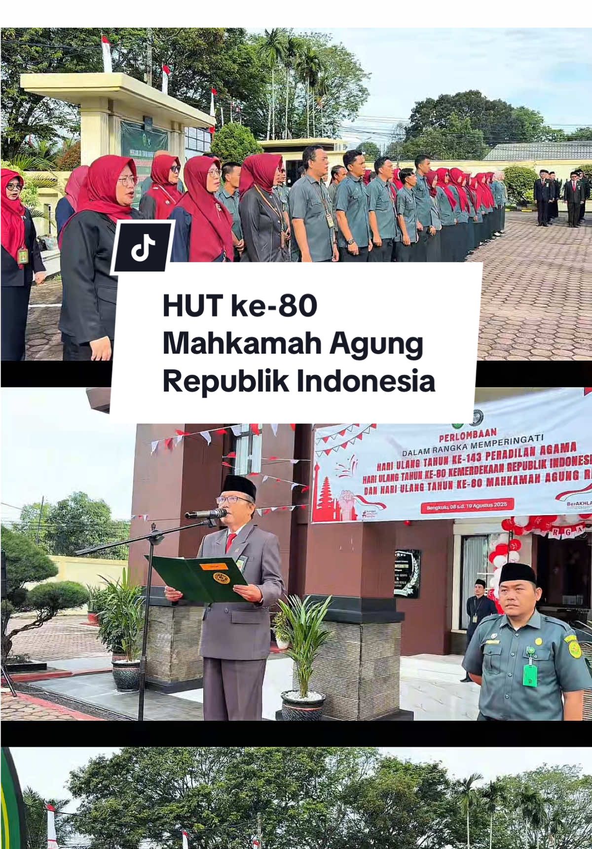🗓️Selasa, 19 Agustus 2025 Dalam rangka memperingati HUT ke-80 Mahkamah Agung RI, Pengadilan Tinggi Agama Bengkulu menggelar rangkaian kegiatan: ✨ Upacara peringatan ✨ Pemberian Penghargaan Penilaian Kinerja Pengadilan Agama se-wilayah PTA Bengkulu ✨ Launching lagu “Ayo Menuju WBBM” PTA Bengkulu ✨ Lomba Tumpeng ✨ Diskusi Hukum PPHIMM/IKAHI Hakim PTA Bengkulu dan Hakim PA se-wilayah PTA Bengkulu Semoga momentum ini semakin memperkuat komitmen kita menuju Wilayah Birokrasi Bersih dan Melayani (WBBM) serta meningkatkan sinergi demi terwujudnya peradilan agama yang modern dan berintegritas. 🙏✨ #hutmahkamahagung80  #ditjenbadilag  #humasmahkamahagung 