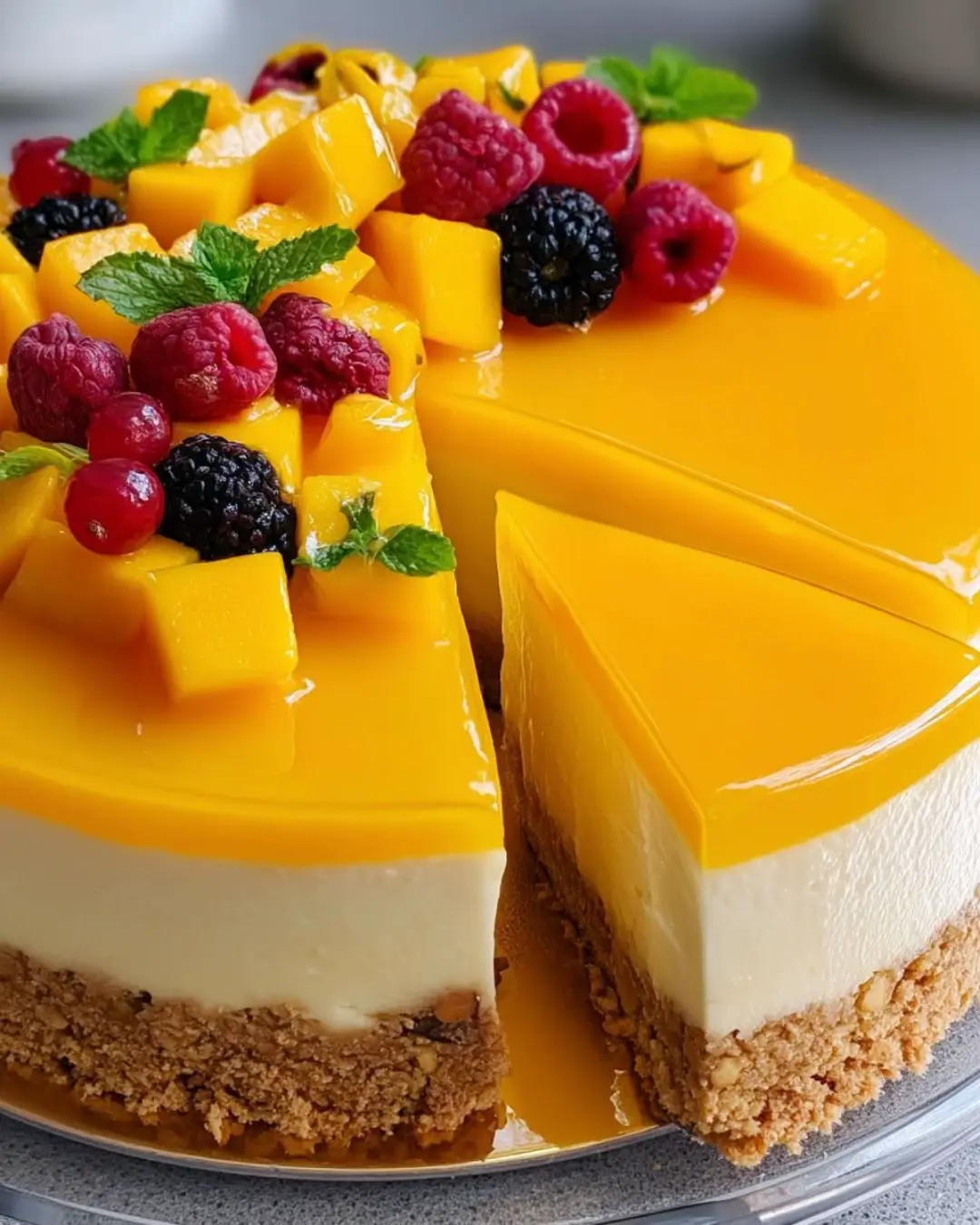 Ingredientes: Para la base: 	•	200 g de galletas tipo María o digestive 	•	100 g de mantequilla derretida Para el relleno: 	•	400 g de queso crema (a temperatura ambiente) 	•	200 ml de crema de leche (nata para montar) 	•	120 g de azúcar 	•	200 g de pulpa de mango (licuada) 	•	10 g de gelatina sin sabor (o 5 hojas de gelatina) 	•	3 cdas de agua (para hidratar la gelatina) Para la cobertura: 	•	200 g de pulpa de mango (licuada y colada) 	•	50 g de azúcar (opcional, según dulzor del mango) 	•	5 g de gelatina sin sabor (o 2 hojas) 	•	2 cdas de agua Decoración (opcional): 	•	Cubos de mango fresco 	•	Frutas rojas (frambuesas, moras, arándanos) 	•	Hojas de menta ⸻ Preparación: 	1.	Base: Tritura las galletas hasta hacerlas polvo, mezcla con la mantequilla derretida y presiona en el fondo de un molde desmontable. Lleva al refrigerador 20 min. 	2.	Relleno: 	•	Hidrata la gelatina en agua. 	•	Bate el queso crema con el azúcar hasta que quede suave. 	•	Añade la pulpa de mango y mezcla bien. 	•	Monta la crema de leche aparte y agrégala suavemente a la mezcla. 	•	Derrite la gelatina hidratada (unos segundos en microondas) y añádela al relleno. 	•	Vierte sobre la base y refrigera mínimo 4 horas (mejor toda la noche). 	3.	Cobertura: 	•	Hidrata la gelatina en agua. 	•	Calienta la pulpa de mango con el azúcar. 	•	Añade la gelatina disuelta y mezcla bien. 	•	Deja enfriar un poco y vierte sobre el cheesecake ya firme. 	•	Refrigera 1 hora más. 	4.	Decoración: 	•	Coloca cubos de mango fresco, frambuesas, moras y hojitas de menta como en la foto.