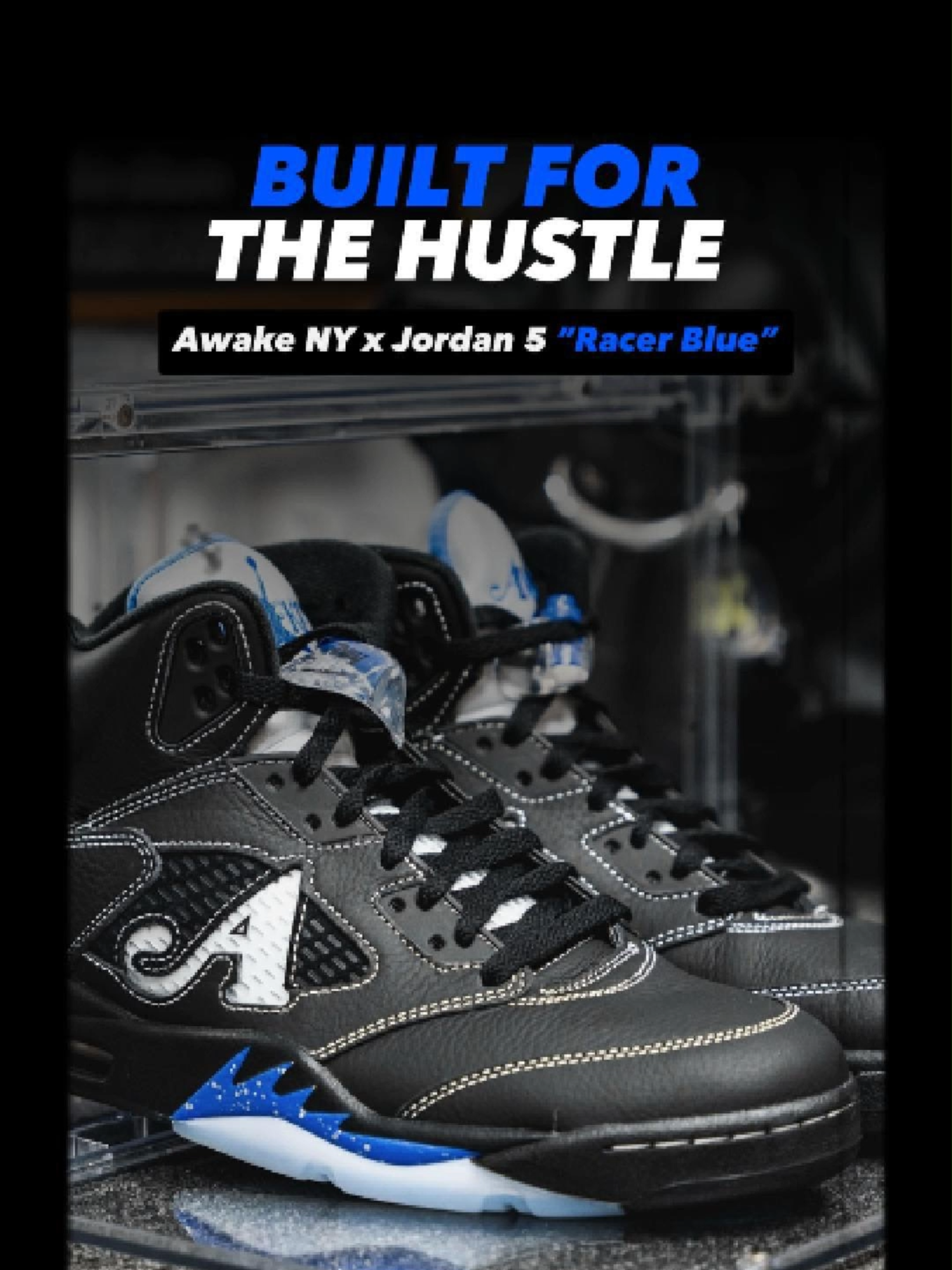 WHO IS READY!!!  ⚫️🔵 Awake NY x Jordan 5 “Racer Blue” - Official Drop! First come, first serve 📦💨 #kicks #coolkicks #sneakersaddict #jordan5 #awakeny #racerblue #racerblue5s