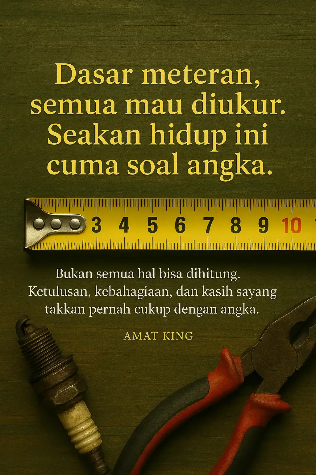 Dasar meteran, semua mau diukur. Seakan hidup ini cuma soal angka.” Tidak semua hal bisa dihitung dengan meteran, kalkulator, atau angka. Ada ketulusan, kebahagiaan, dan kasih sayang yang nilainya tak ternilai. Belajarlah melihat hidup lebih luas dari sekadar hitungan materi. #RenunganHidup #Motivasi #SindiranHalus #BelajarBijak #AmatKing