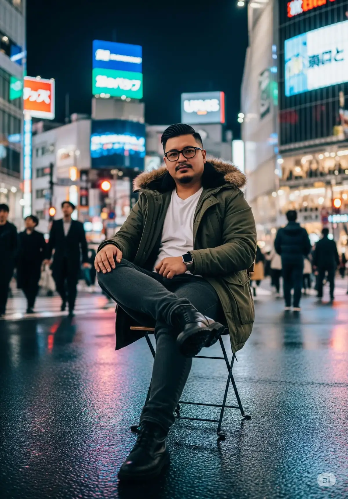 Buatkan gambar dengan konsep:  • Seorang pria sedang duduk santai di atas kursi ala cafe di tengah jalanan Shibuya yang ramai oleh pejalan kaki. • Detail karakter pria Indonesia usia 30-an, berbadan chubby dan atletis, gaya rambut pendek rapi disisir ke samping, kumis dan jenggot tipis. • Mengenakan mantel tebal warna hijau army dengan aksen bulu di kerah, kaos putih, celana jeans gelap, sepatu boots hitam, kacamata dan smartwatch. • Duduk dengan pose elegan dan maskulin, ekspresi wajah tenang dan fokus.  • Latar suasana malam kota Shibuya selepas hujan. Lampu-lampu gedung menyala warna warni. Orang-orang dibelakang sangat ramai, sedang berjalan dengan mode blur ala long exposure effect. Genangan air di aspal menampilkan refleksi subjek dan suasana kota secara keseluruhan.  • Gambar diambil dari sudut pandang rendah, sehingga menampilkan efek dramatis pada gedung-gedung di belakangnga. Fokus tajam pada subjek. • Pencahayaan soft dan penuh warna. Aspek rasio 3:4 Prompt by @iwansetiaonebudhi Support saya dengan cara like, komen, dan share Terimakasih 🙏🏻🙏🏻🙏🏻 #gemini #prompt #editfoto #fyp #AI 