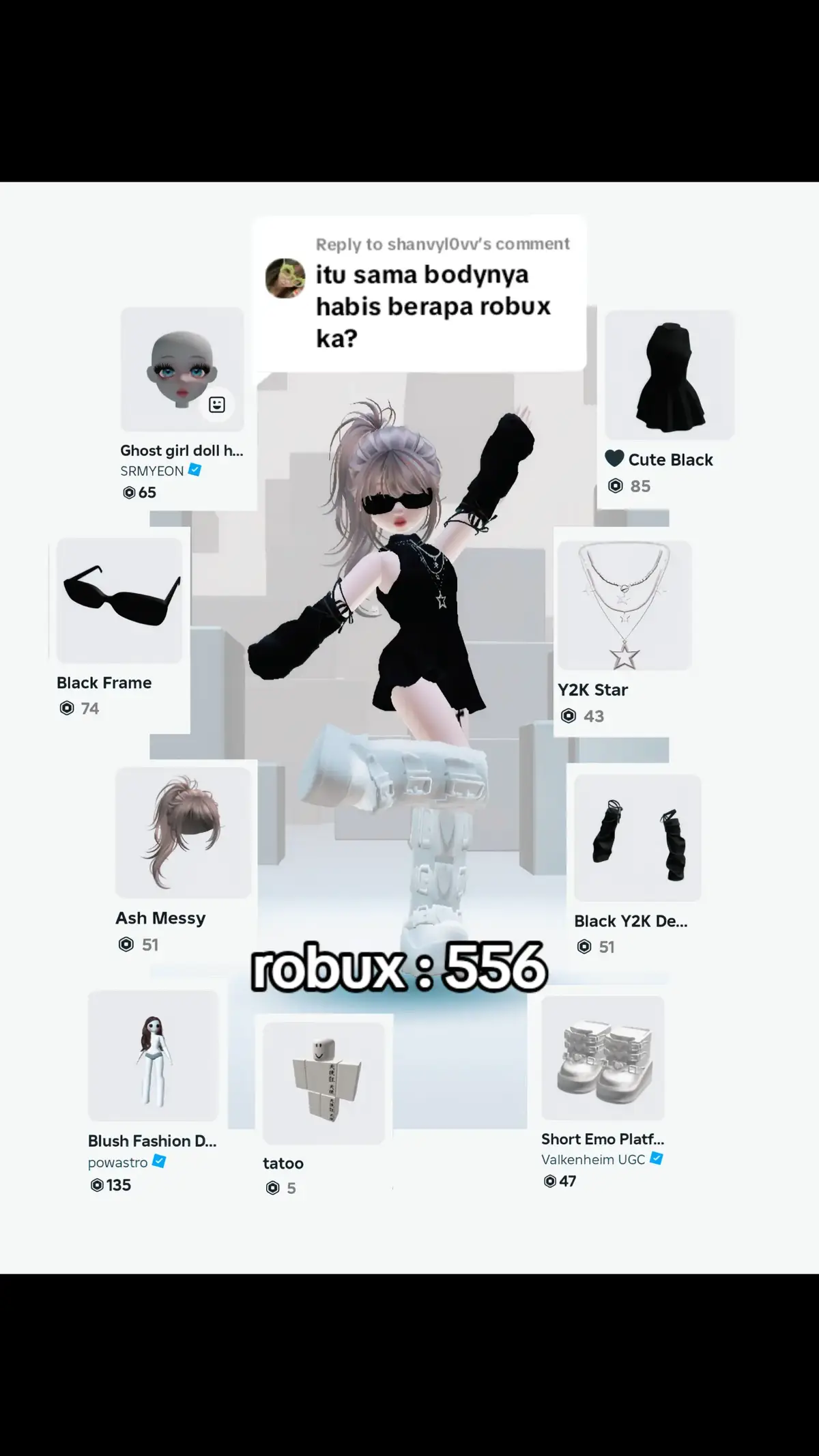 Replying to @shanvyl0vv kak body sama outfitnya habis 556 robux kak. body : blush fashion doll. head'a : ghost girl doll, yg pake leher ya kak. #roblox #robloxfyp #blushfashiondoll #avaroblox #outfitroblox 