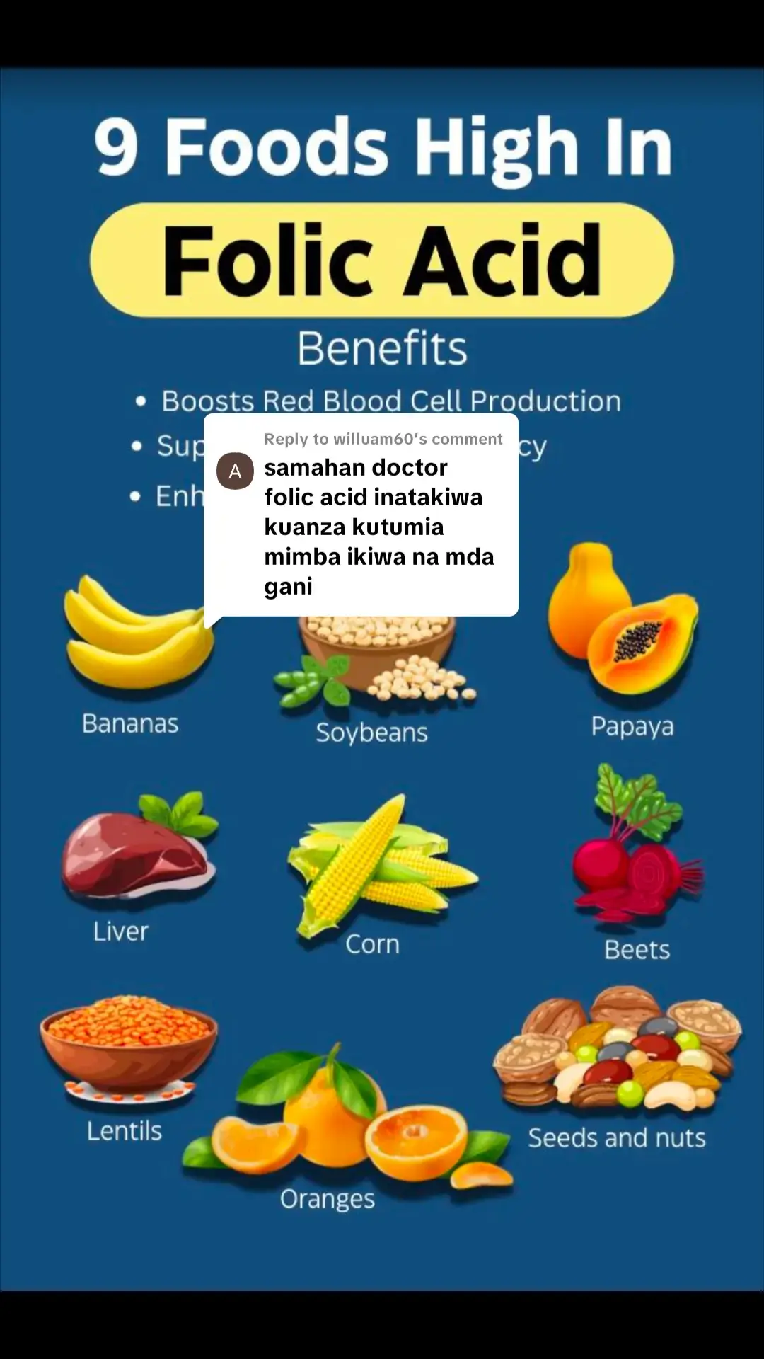 Replying to @willuam60  Folic acid ni kirutubisho cha lazima kwa mama anayetaka au aliye tayari mjamzito. Wataalam wanashauri mwanamke aanze kutumia folic acid angalau mwezi mmoja kabla ya kushika mimba na aendelee nayo katika miezi ya kwanza mitatu ya ujauzito. Hii ni kwa sababu mshipa wa fahamu wa mtoto (neural tube) huanza kutengenezwa mapema sana, mara nyingi kabla hata ya mama kujua kuwa ni mjamzito. Dozi ya kawaida ni 400 micrograms (mcg) kila siku kwa mwanamke mwenye afya njema. Ikiwa mama ana historia ya matatizo ya mtoto kuzaliwa na dosari za uti wa mgongo (mfano spina bifida), ana kisukari, au anatumia dawa fulani, daktari anaweza kupendekeza dozi kubwa zaidi (kama 5mg). 👉 Kwa hiyo, kama tayari umeshapata ujauzito na hujaanza, anzisha mara moja na endelea angalau mpaka mwezi wa 3 wa ujauzito (miezi mingine pia unaweza kuendelea kwani pia husaidia damu na ukuaji wa mtoto). Follow kwa Elimu zaidi. #ticktocktanzania🇹🇿 #followersthankyou🥰 #creatorsearchinsights #trendingvideo #ticktockzanzibar💜 