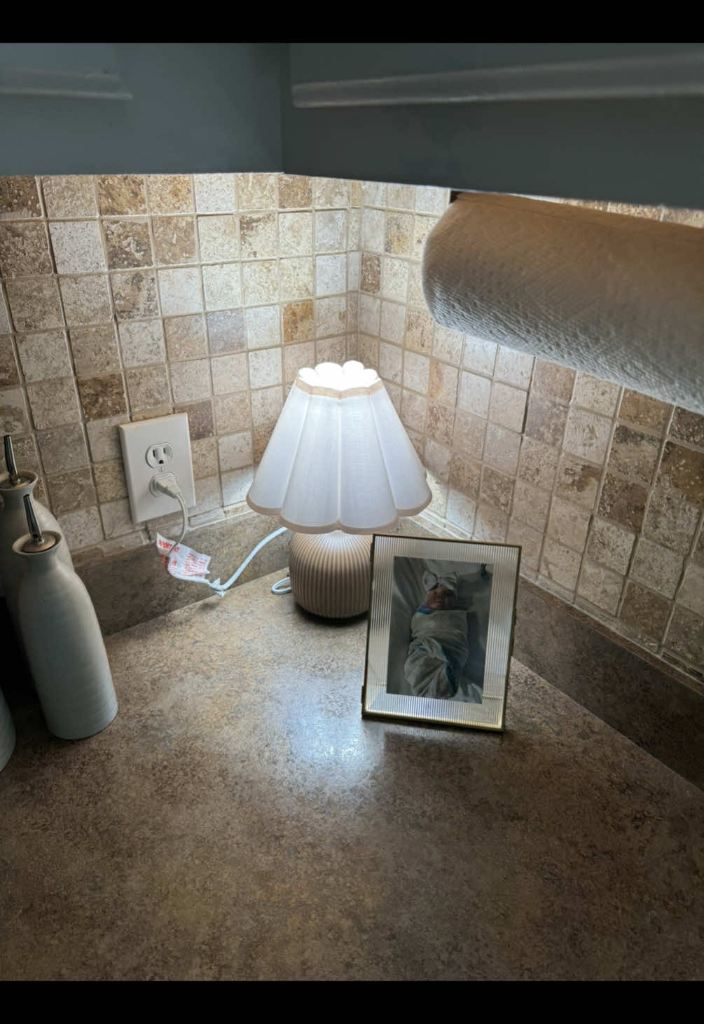 So so grateful to have had these two on items but so excited to have my countertop back! Until next time. Also, welcome to our not super aesthetic kitchen that is well loved but on our reno list 🤍 #homedecor #homeinspo #walmart #walmartfinds #kitchen #kitchenlamp #mom #MomsofTikTok #momlife #baby #babyitems #CapCut 