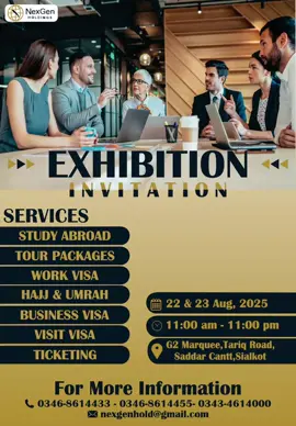 ✨ Meet us at Sialkot Expo Mela! We’re Nexgen Holdings, your trusted visa consultants, here to guide you towards global opportunities. 🌍✈️ Visit our stall to explore student, work & business visa options with expert advice. 📍 Sialkot Expo Mela 🤝 Let’s build your future together! #SialkotExpo #NexgenHoldings #VisaConsultant #StudyAbroad #WorkAbroad 