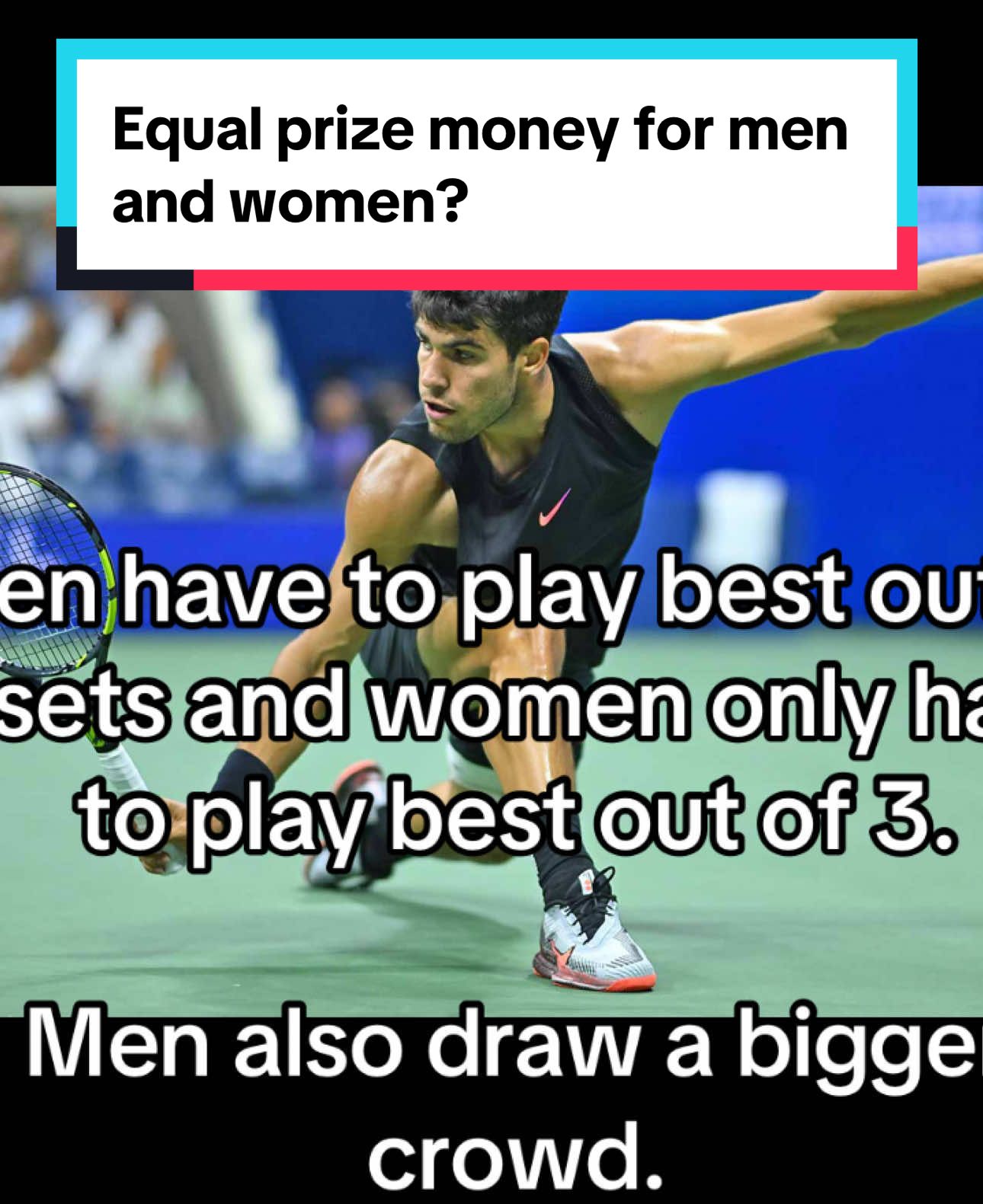 The average men’s match lasts 3 hours and the average women’s lasts 1.5, yet they both receive the same amount of prize money. #USOpen #carlosalcaraz #janniksinner #atptour #cocogauff 