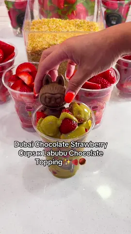 Are you a fan of Labubu and Dubai Strawberry cups? ✨🌰🍓😍. #dessert #foryourpage #foryoupage #miamidesserts #dubaistrawberrychocolatecup 