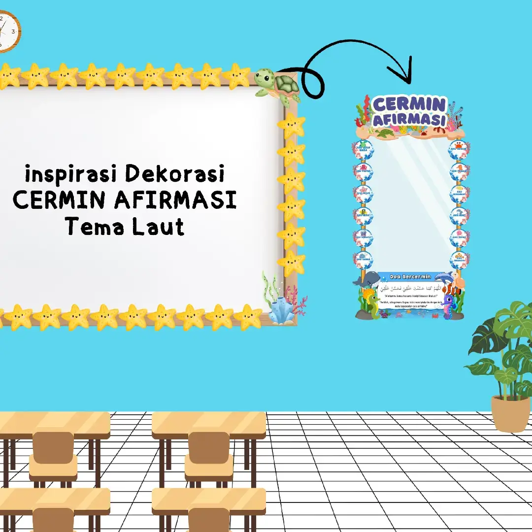 Coba pakai desain tema laut untuk cermin afirmasi ternyata lucu juga yah #cerminafirmasi #hiaskelas #hiasandinding #sekolah #temalaut 
