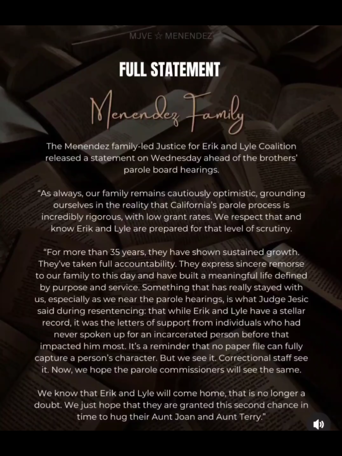 The Menendez family-led Justice for Erik and Lyle Coalition released a statement on Wednesday ahead of the brothers' parole board hearings. As always, our family remains cautiously optimistic, grounding ourselves in the reality that California's parole process is incredibly rigorous, with low grant rates. We respect that and know Erik and Lyle are prepared for that level of scrutiny. 