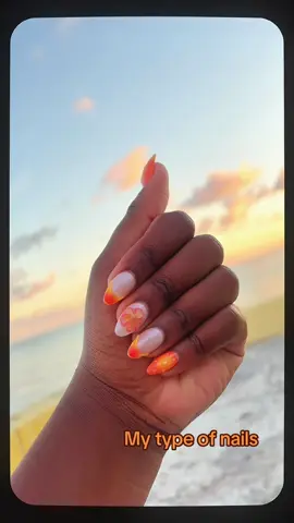 I told my nail tech let's do a sunset theme and she said bet💅🏾she ateeeeee #mynailtype #nailsinspo #almondnailsdesigns #almondnails #shortnails 