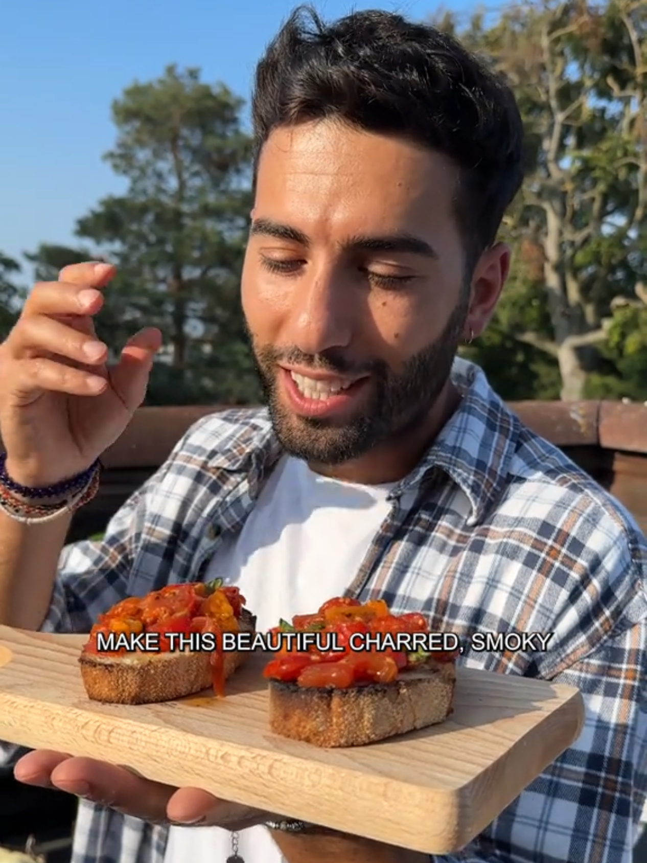 I know you all love a good bruschetta 🍅  This is how to make it on the barbecue, topped with smoky and charred tomatoes straight from the grill and drizzled with a simple marinade. Bruschetta literally means “to toast” so this recipe is an ode to that tradition.  Next time you turn on that barbecue serve this as an antipasto - everyone is going to love it! I can’t wait to make this live tomorrow at @CarFest  with @Napoleon Products  🔥  Here is the ingredients list 👇 Or you can find the full written recipe on my website (link in bio)  Makes: 4 bruschetta 10 yellow datterino tomatoes 10 red cherry tomatoes  1 large garlic clove 10 large basil leaves 4 tbsp extra virgin olive oil 1 tsp dried oregano A generous pinch of flaky sea salt 4 thick slices of sourdough bread #bruschetta #italianrecipes #vegan #recipeshare  #vegetarian 