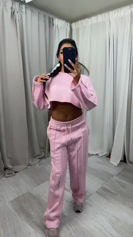 3 seam crop top wide leg tracksuit . #tracksuit #wideleg #babypink #loungewear 
