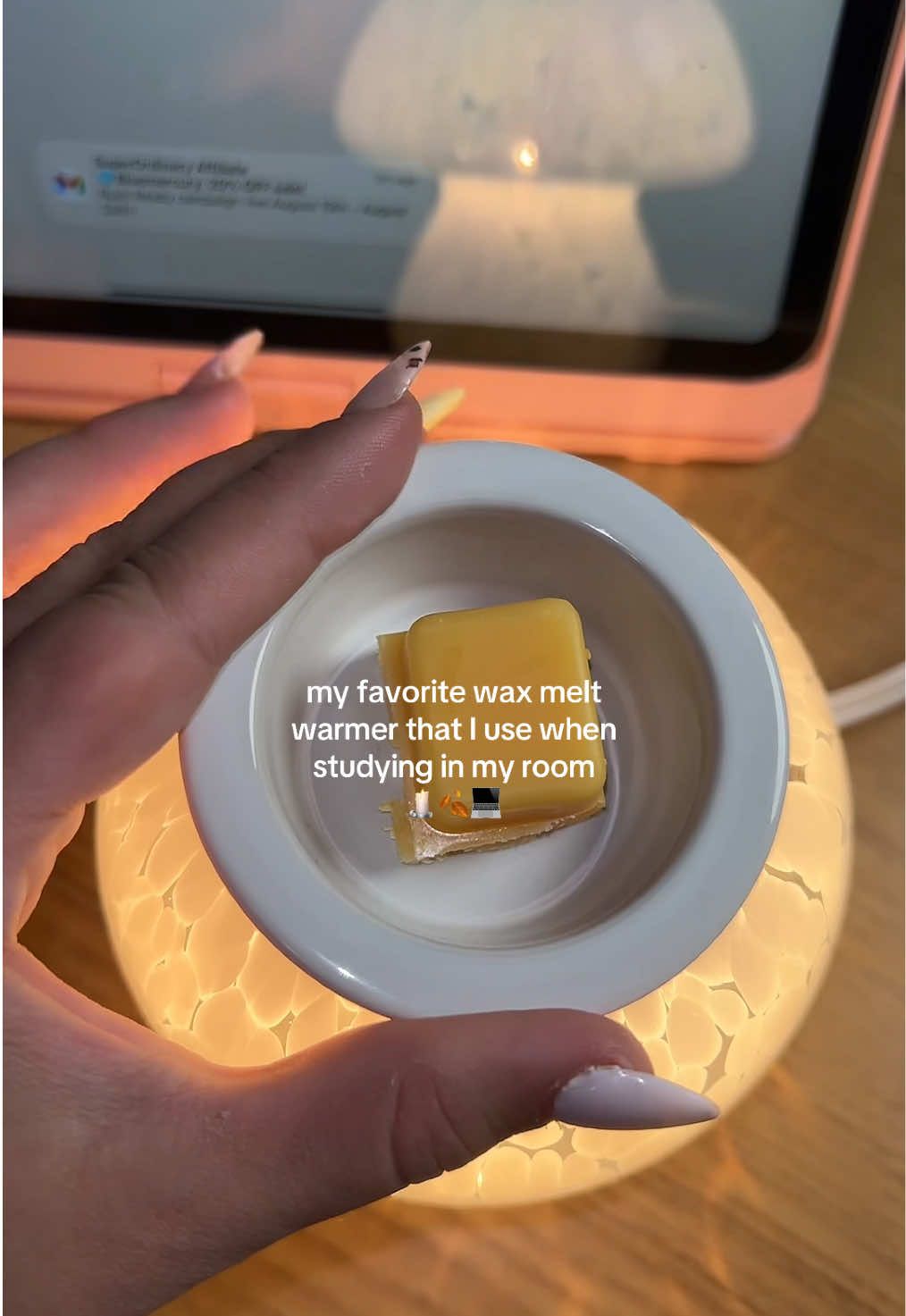 This adorable wax melt warmer is so cozy and a perfect way to make my room study ready by smelling great and looking cute! I love this vibe! 🕯️💻🍂 #waxmeltwarmer #waxmelts #candles #studying #foryou 