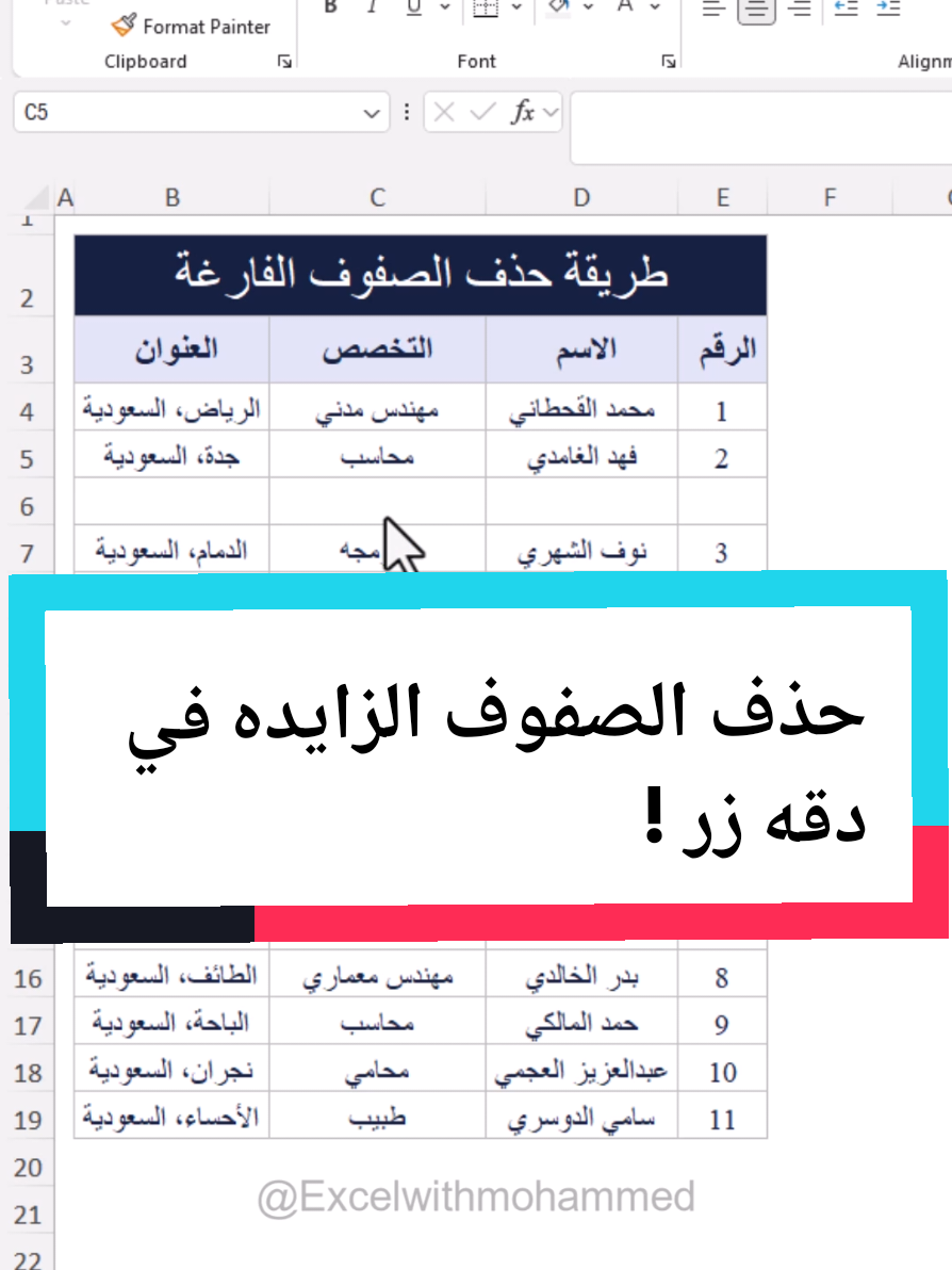 📌 عندك صفوف فاضية وسط الجدول وتبي تحذفها بسرعة؟ لا تسويها يدويًا وحدة وحدة، فيه اختصار يسهلها لك! 🔹 الخطوات: 1️⃣ حدد الجدول كامل. 2️⃣ اضغط Ctrl + G أو F5 لفتح نافذة Go To. 3️⃣ اختر Special (محدد) > Blanks (الخلايا الفارغة). 4️⃣ اضغط Delete (حذف) واختر Shift cells up (إزاحة الخلايا لأعلى). 👌 وبهالحركة ينحذف كل الصفوف الفاضية دفعة وحدة ويصير جدولك مرتب ونظيف. #اكسل #تنظيف_البيانات #ExcelTips #شروحات_اكسل #تعلم_اكسل 