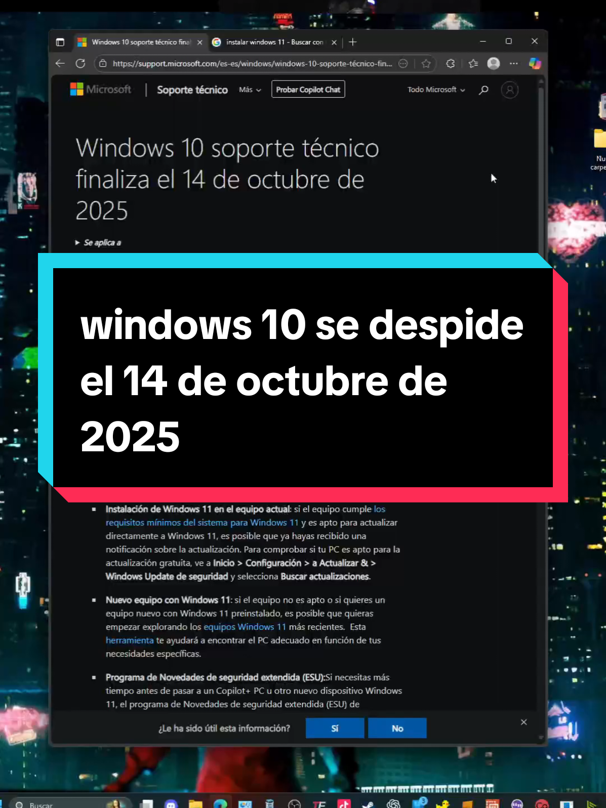 windows 10 deja de recibir soporte a partir de 2025  #Windows10 #Windows11 #Tecnología #PCGaming #FinDeWindows 