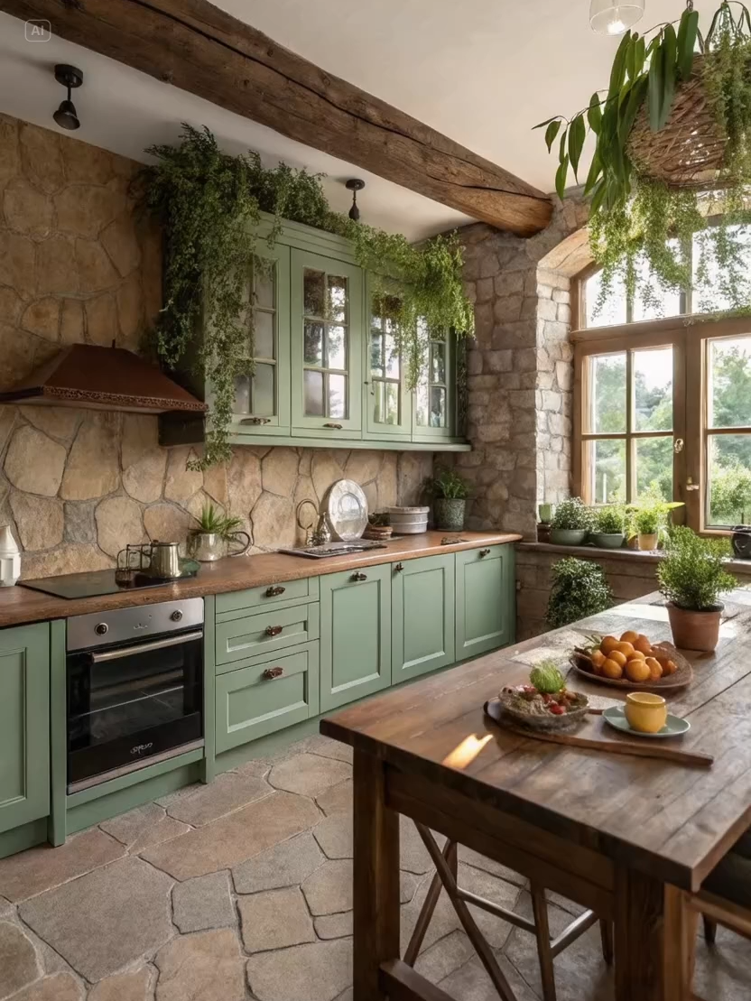 This rustic green kitchen feels like a cozy countryside escape 🌿✨ #fyp #kitcheninspo #rusticstyle #homedesign #cozycottage #interiortrends