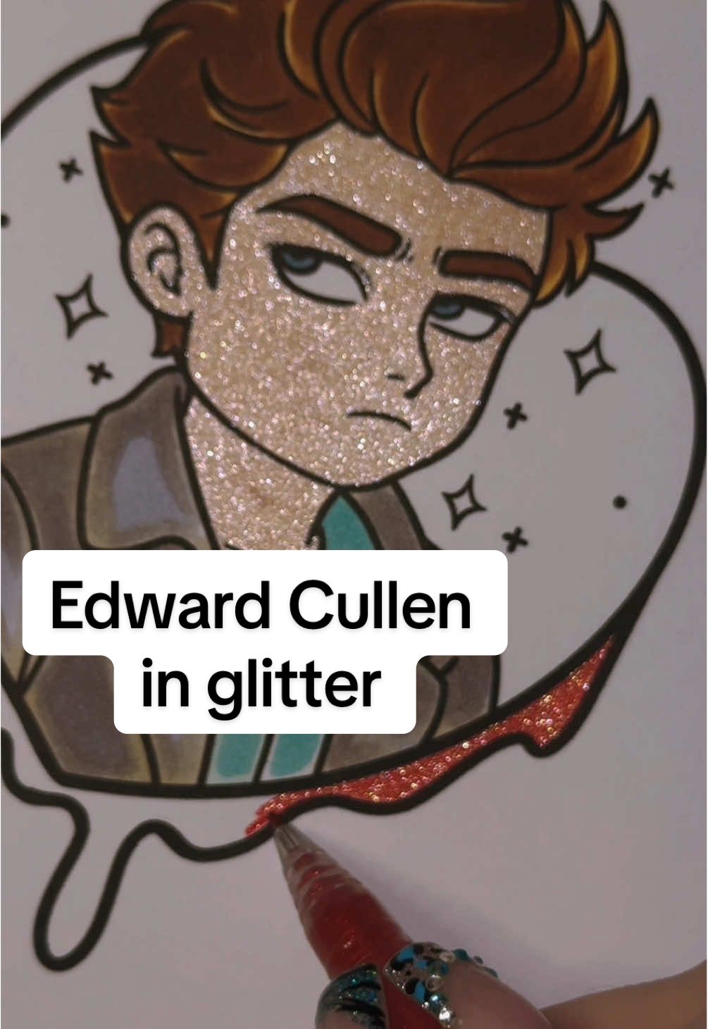 I drew Edward Cullen from Twilight to color his skin with glitter pens 🩸🥀 skin pen is by zscm, the others are by Grabie #twilight #satisfying #glittercoloring #coloring #edwardcullen 