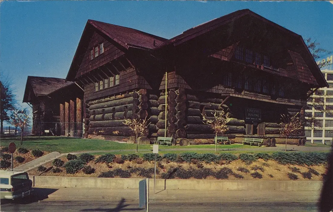 The Forestry Building, 1956 | Vintage Portland The provided text is a caption for an image dated November 30, 1956, depicting the Forestry Building in Portland, Oregon, which was built for the 1905 Lewis and Clark Centennial Exposition and nicknamed the 
