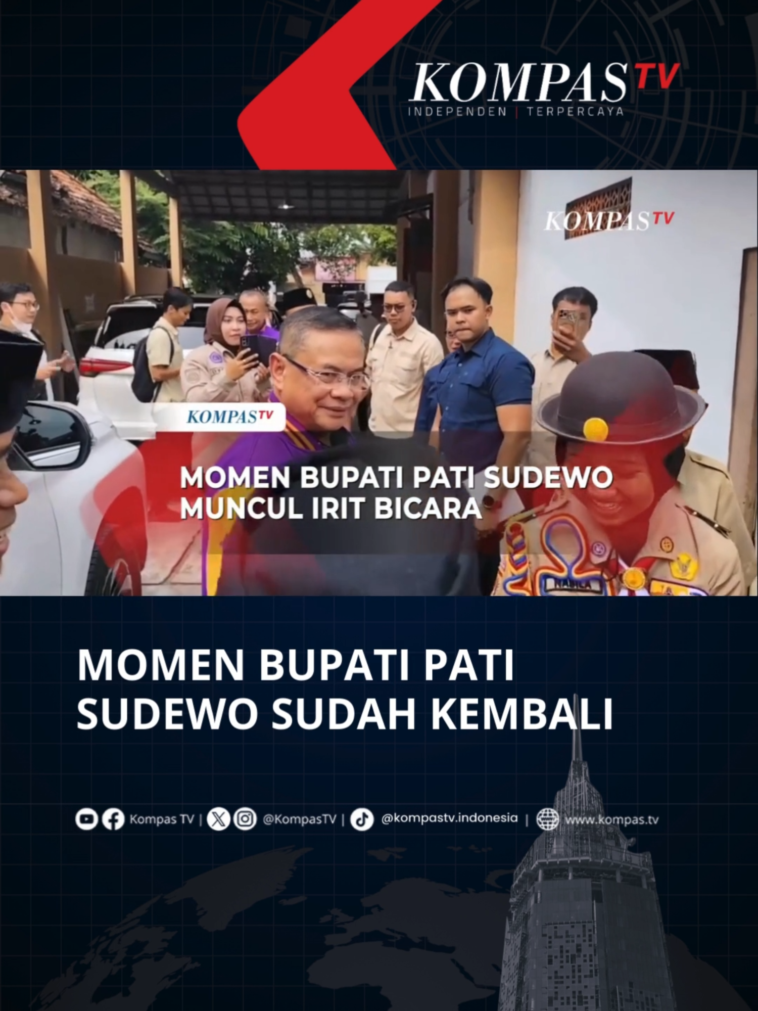 Setelah selama satu pekan sempat tidak terdengar kabarnya, Bupati Pati Sudewo kembali terlihat. Pada Jumat, 22 Agustus 2025 Sudewo menghadiri pelepasan peserta Raimuna Daerah XIII Kontingen Kwartir Cabang Pati Tahun 2025 di Sanggar Kwarcab Pati, Jawa Tengah. Ia mengaku sudah sembuh dari sakitnya dan juga bilang sempat datang ke Jakarta, Kamis, 21 Agustus 2025 untuk menghadiri acara Asosiasi Pemerintah Kabupaten Seluruh Indonesia. Mengenai pemakzulan, ia menegaskan bahwa bersikap menghormati rapat pansus hak angket di DPRD Pati. Tuliskan komentarmu dan dapatkan berita terkini lainnya di www.kompas.tv serta youtube.com/kompastv #TikTokBerita