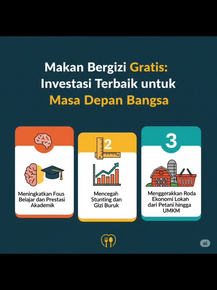Makan bergizi gratis adalah investasi terbaik untuk masa depan bangsa! Program ini tidak hanya meningkatkan fokus belajar dan prestasi akademik, tetapi juga mencegah stunting dan gizi buruk, serta menggerakkan roda ekonomi lokal dari petani hingga UMKM. Investasi yang cerdas untuk generasi penerus. #MakanBergiziGratis #InvestasiMasaDepan #CegahStunting #EkonomiLokal #IndonesiaSehat