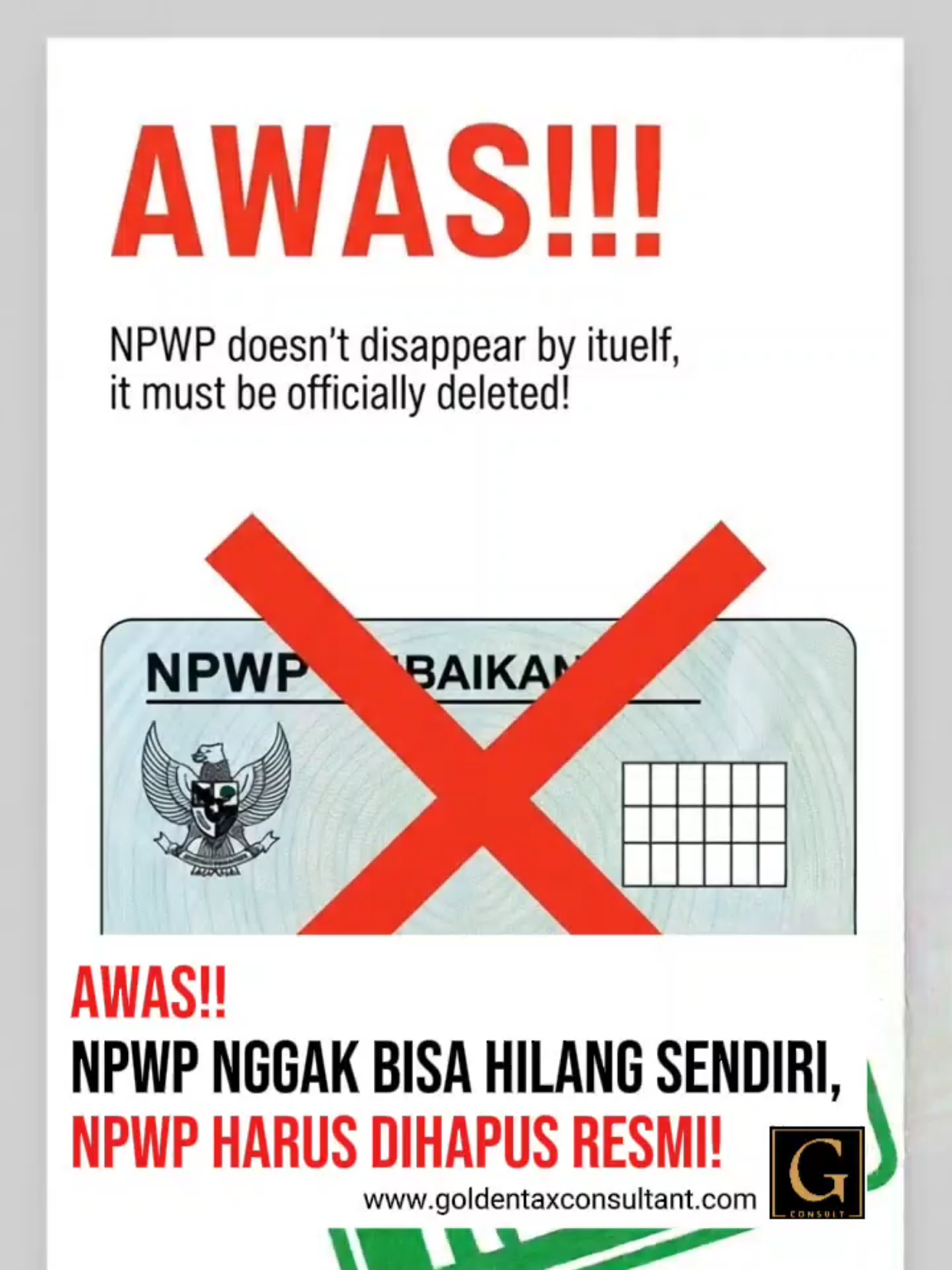 Menghapus NPWP: Prosedur Resmi Menghapus Nomor Pokok Wajib Pajak (NPWP) bisa jadi hal yang penting bagi sebagian orang. Prosedur ini tidak rumit, selama Anda tahu syarat dan langkah-langkahnya. Berikut adalah cara resmi untuk menghapus NPWP. Siapa yang Bisa Mengajukan Penghapusan NPWP? Tidak semua orang bisa langsung menghapus NPWP. Ada beberapa kriteria yang harus dipenuhi, yaitu: 1.  Wajib Pajak (WP) meninggal dunia dan tidak meninggalkan warisan. 2.  Wanita yang menikah dan NPWP-nya sudah digabung dengan NPWP suami. 3.  WP yang berstatus non-efektif (NE) atau tidak lagi memenuhi syarat sebagai wajib pajak. Contohnya, WP pindah ke luar negeri secara permanen. 4.  WP badan yang telah dibubarkan atau tidak lagi menjalankan usahanya. Dokumen yang Dibutuhkan Sebelum mengajukan, pastikan dokumen-dokumen berikut sudah siap: 1.  Formulir Permohonan Penghapusan NPWP. Anda bisa unduh formulir ini dari situs resmi Direktorat Jenderal Pajak (DJP). 2.  Fotokopi KTP atau identitas diri. 3.  Surat Pernyataan tidak lagi memiliki penghasilan. Khusus untuk WP pribadi. 4.  Surat Keterangan Kematian dari instansi terkait, jika WP meninggal. 5.  Surat Nikah atau akta perkawinan, jika WP wanita ingin menggabungkan NPWP dengan suami. 6.  Dokumen pendukung lain sesuai dengan alasan penghapusan. Langkah-Langkah Pengajuan Ada dua cara utama untuk mengajukan penghapusan NPWP: 1. Secara Online (CORETAX) 2. Secara Langsung di KPP • Datangi Kantor Pelayanan Pajak (KPP) tempat NPWP Anda terdaftar. • Bawa semua dokumen yang telah disiapkan. • Ambil nomor antrean dan sampaikan permohonan Anda ke petugas. • Petugas akan membantu memeriksa kelengkapan dokumen dan memproses permohonan Anda. Apa yang Terjadi Setelah Permohonan Diserahkan? Setelah permohonan diajukan, DJP akan melakukan verifikasi. Jika semua syarat terpenuhi dan dokumen lengkap, DJP akan menerbitkan Surat Keputusan Penghapusan NPWP. Proses ini biasanya memakan waktu 6 bulan sejak permohonan diterima. Anda akan menerima pemberitahuan resmi setelah permohonan disetujui. #pajak #pajakindonesia #konsultanpajak #konsultanpajaksurabaya #goldentaxconsultant 
