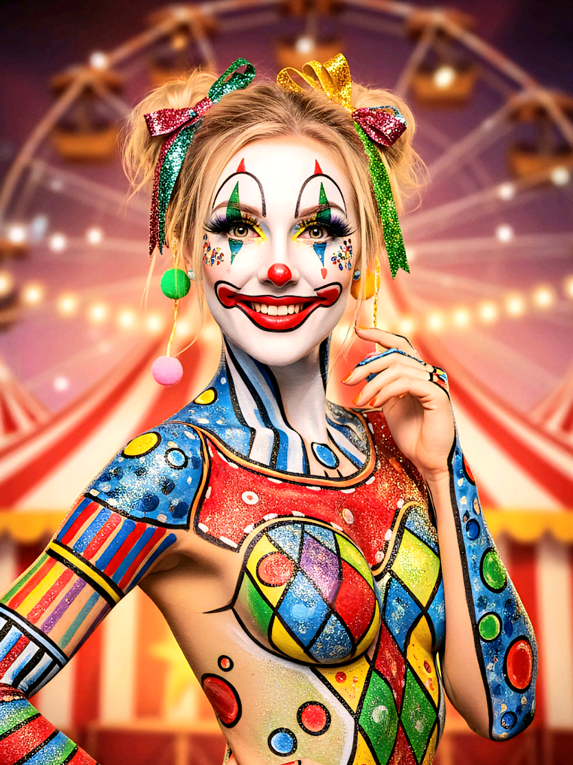 Cute clown girl body painted with beautiful artwork and a circus theme. #clown #clowngirl #clowncore #bodyart #bodypaint 