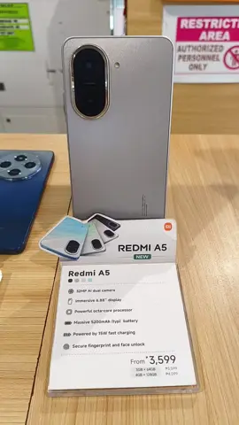 REDMI A5 PHP3,599 3GB+64GB PHP4,099 4GB+128GB KEY FEATURES  32MP AI dual camera  Immersive 6.88