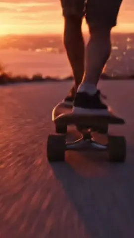 Portrait 9:16 framing. A camera follows a young man skateboarding downhill on a winding mountain road during a breathtaking sunset. The sky glows in dramatic shades of red and orange with layered clouds, while the golden sun reflects across the ocean, stretching a radiant path of light toward the horizon. In the distance, a vast coastal city begins to sparkle with thousands of glowing lights. The camera trails from behind, capturing the silhouette of the young man with a backpack on his shoulders. As he rides, the scene shifts into slow motion, focusing on the skateboard wheels gliding against the asphalt, then transitions back to wide shots showcasing the epic scenery of ocean, city, and sunset sky. Emotional, atmospheric, cinematic realism, high detail, immersive mood of freedom. #veo3 #aigenerated #foryoupage 
