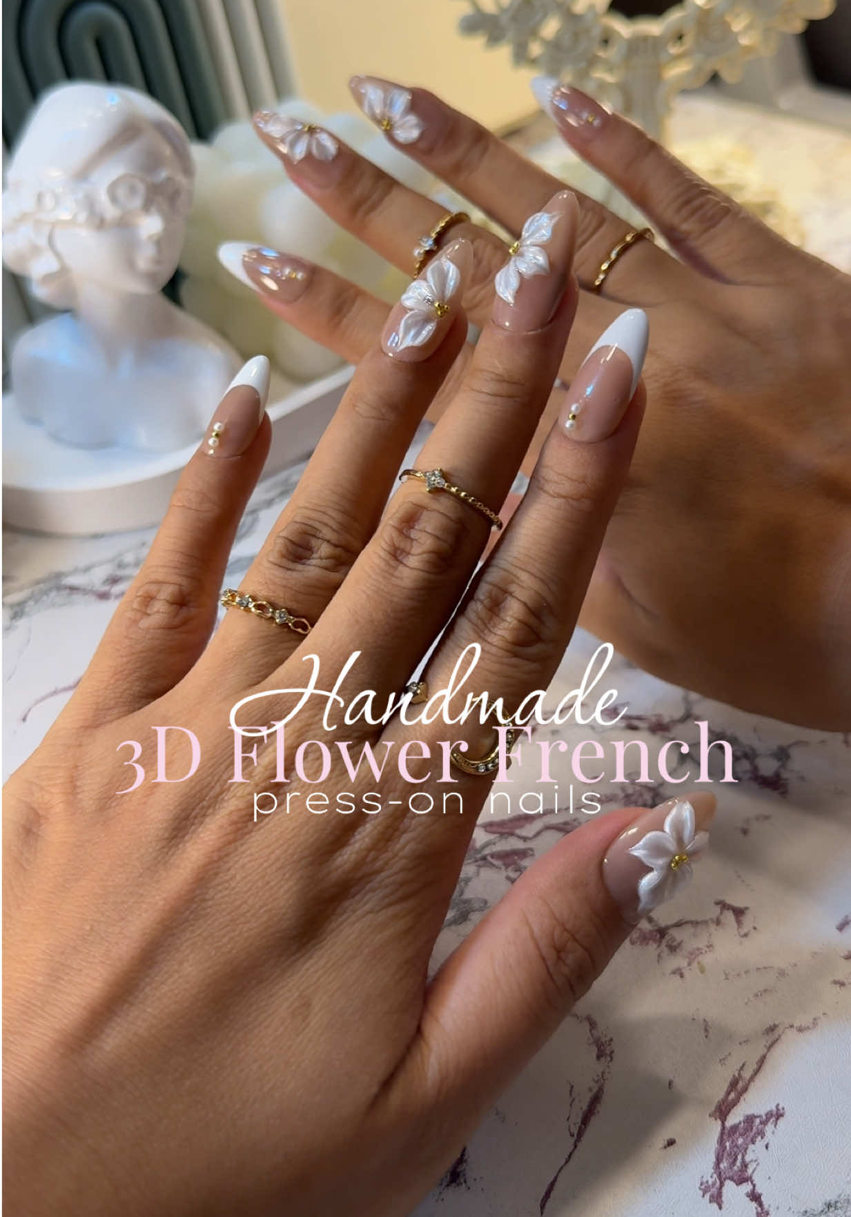 Handmade 3D Floral French Tip Press-On Nails 💅  #pressonnails #3dflowersnails #frenchtipnails #nudenails #handmadepressonnails 