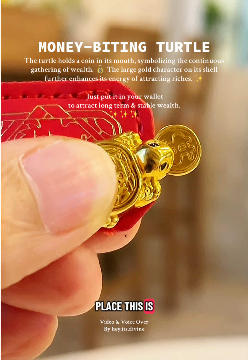 The turtle holds a coin in its mouth, symbolizing the continuous gathering of wealth. 💰 The large gold character on its shell further enhances its energy of attracting riches. ✨ Just put it in your wallet to attract long term & stable wealth. ✨ #ziyang #moneybitingturtle #luckycharm #fengshui #moneyluckycharm @ZiyangPH @ZIYANG.PH @ziyang.shop.ph 