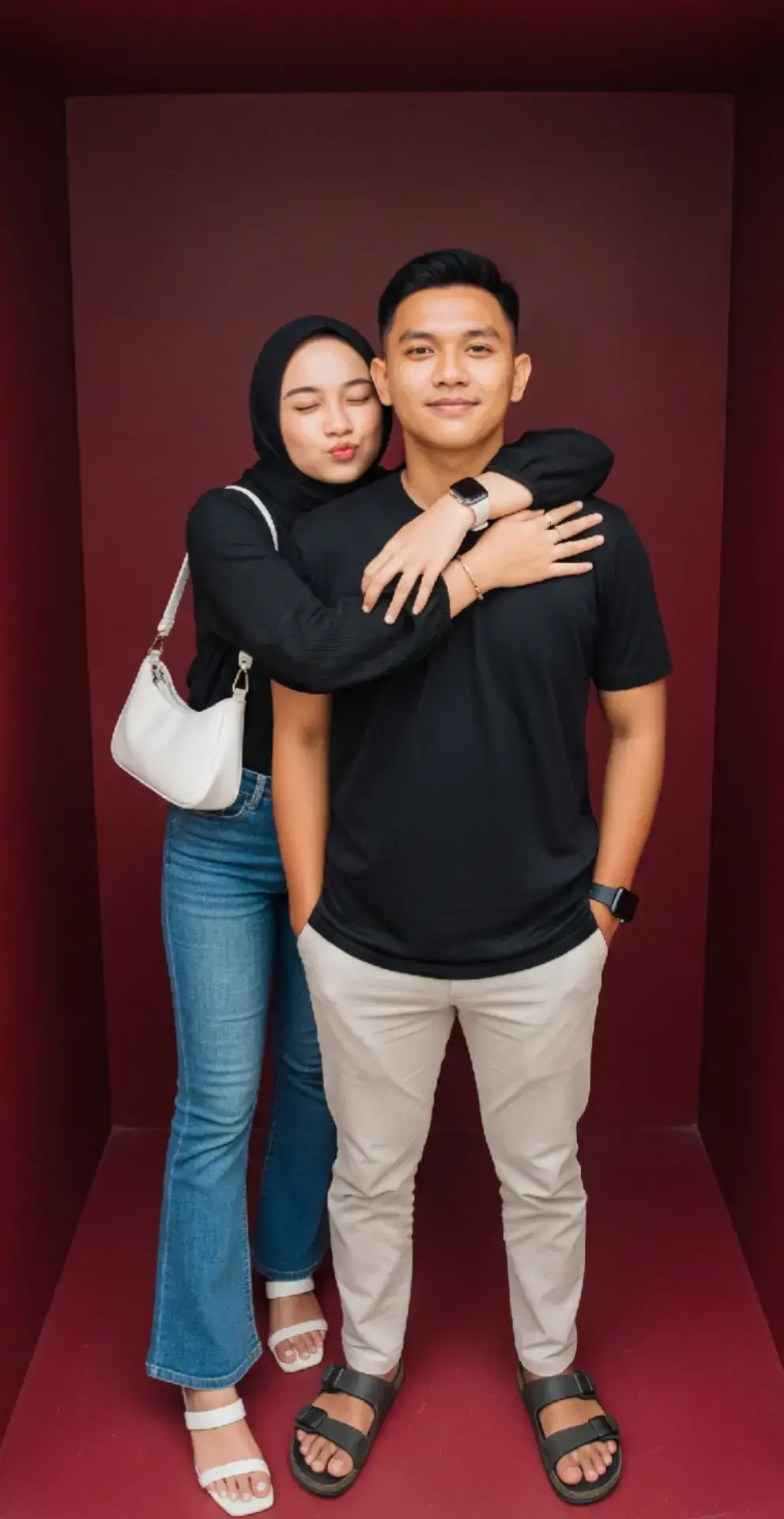 Prompt: Sepasang anak muda berdiri berdampingan dalam sebuah ruangan dengan dinding berwarna merah maroon. Wanita di sebelah kiri mengenakan hijab hitam, atasan hitam lengan panjang, celana jeans biru model cutbray, sandal putih, serta membawa tas kecil putih di bahu kiri. Pria di sebelah kanan mengenakan kaos hitam polos, celana panjang krem, sandal hitam, serta jam tangan hitam di pergelangan tangan kiri. Keduanya tersenyum ke arah kamera, pria merangkul pundak wanita. Komposisi foto diambil dari sudut depan dengan latar kotak minimalis berwarna merah maroon. #chatgpt #prompterchallenge #fotostudio #fotobox #fotokeluarga 