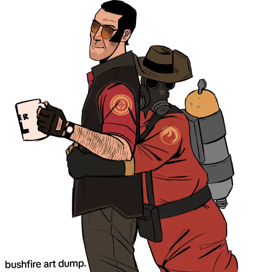 this is my 2nd favorite TF2 ship next to HeavyMedic. it's held up by dreams and delusions and like 5 people ship it BUTTTT I will keep drawing it until everyone is crazy like me. #teamfortress2 #tf2 #snipertf2 #pyrotf2 #myart 